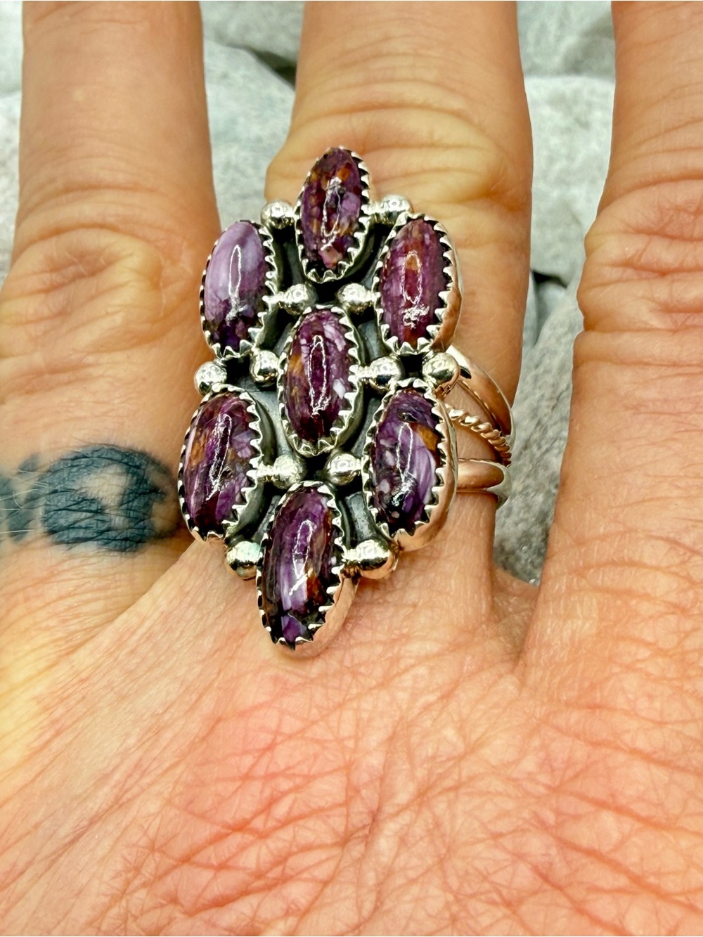 Native American Sterling Silver Purple Spiny Oyster 7-Stone Ring Roberta Begay - Picture 15 of 17